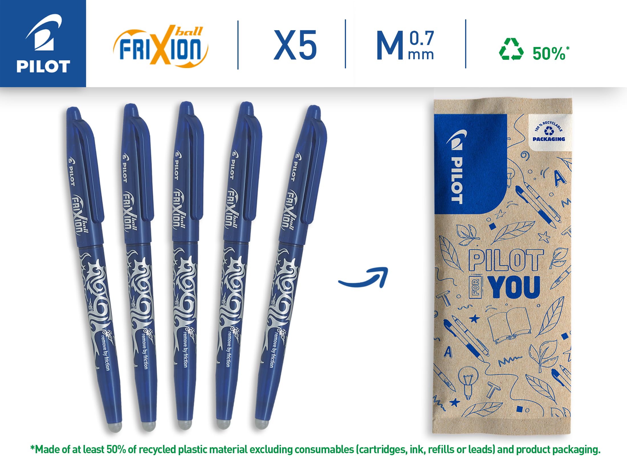 PILOT FriXion Ball Erasable Rollerball Pen - Medium 0.7mm Tip, Blue Ink | Pack of 5 2
