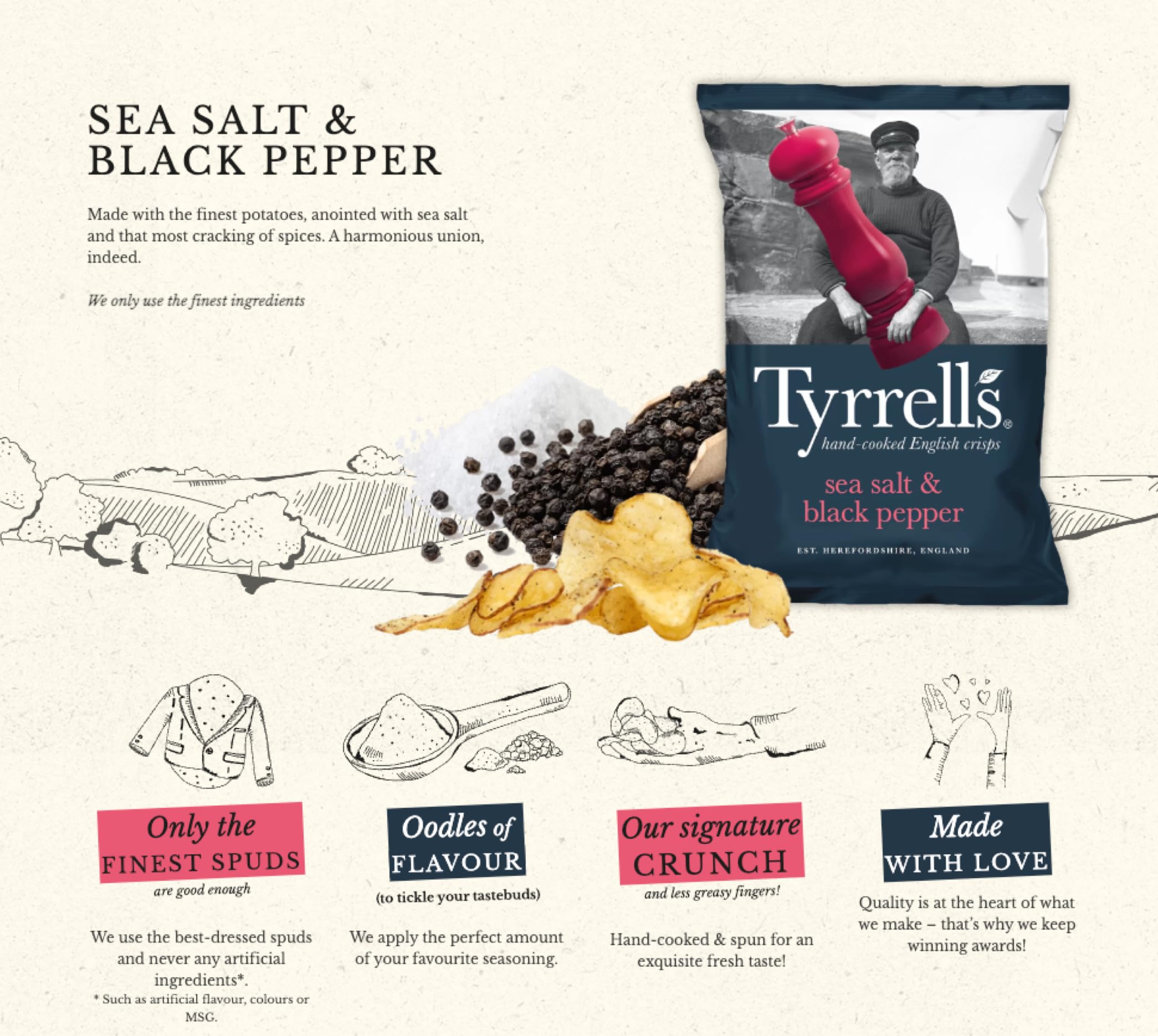 Tyrrells Handgekochte Chips mit Meersalz und schwarzem Pfeffer, 150-g-Beutel 3