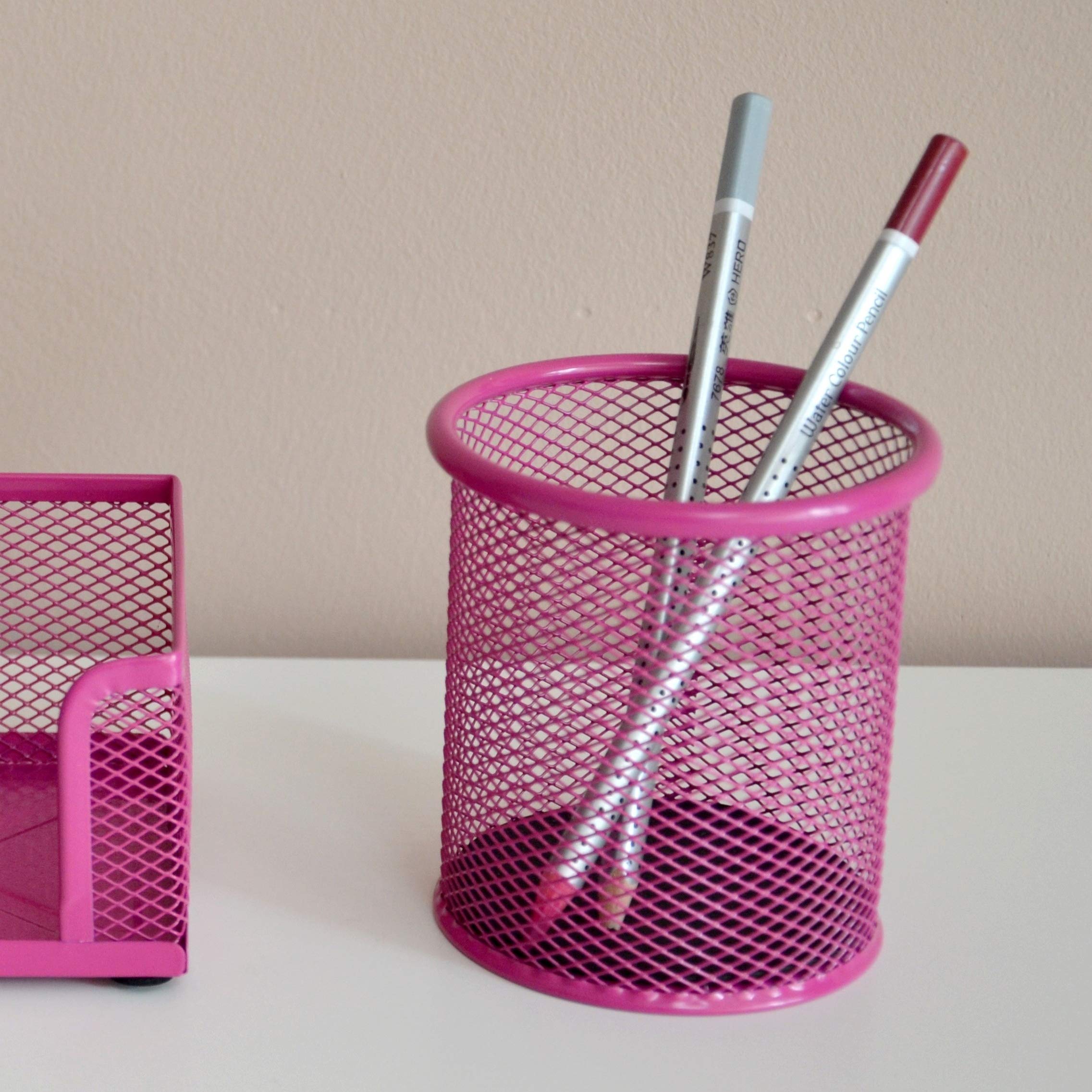 Leviatan Round Mesh Metal Pencil Holder - Pink | Ø 91mm | Rust Resistant 5