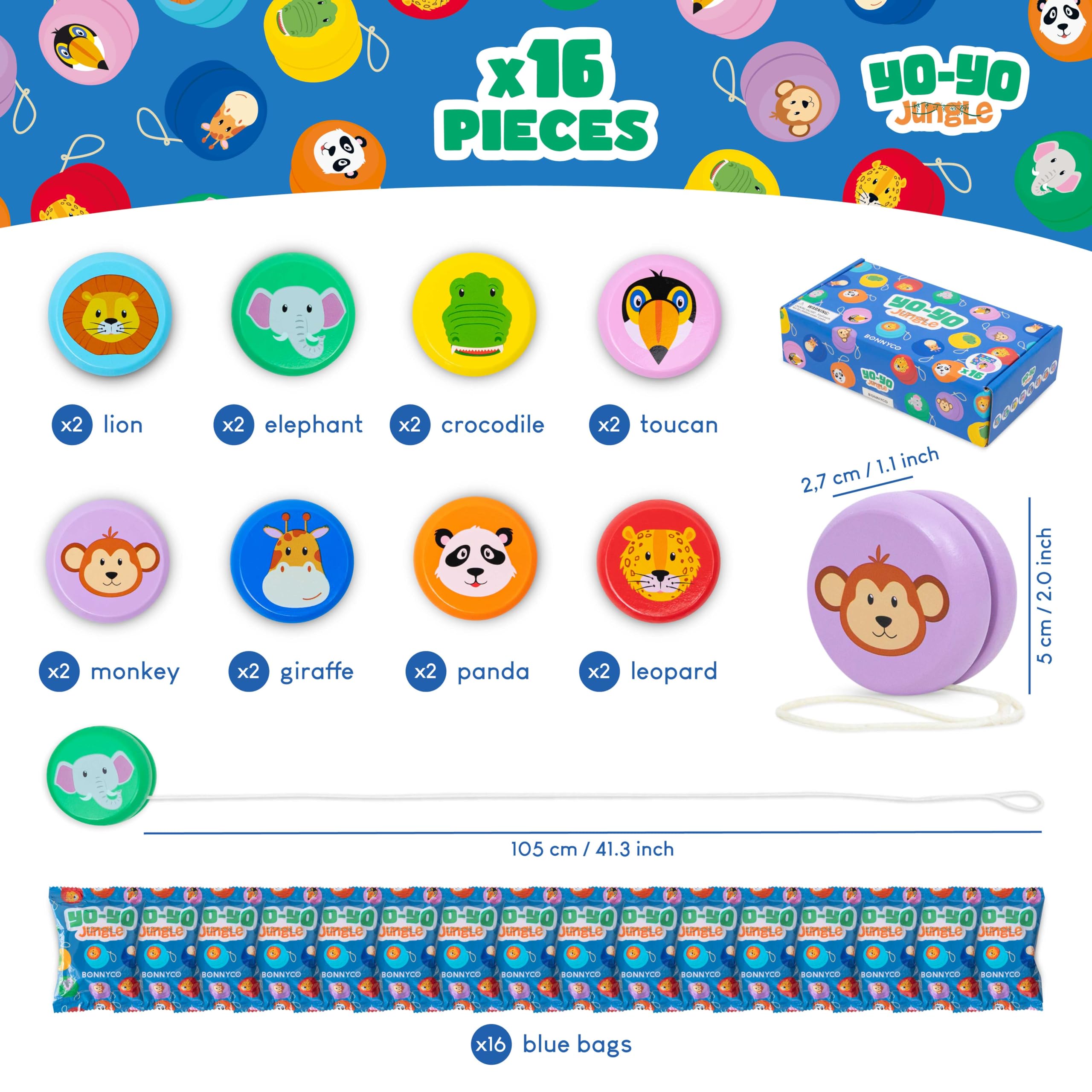 BONNYCO Wooden Yo-Yos - Pack of 16 | Jungle Animal Designs | Party Bag Fillers for Kids Ages 3+ 3