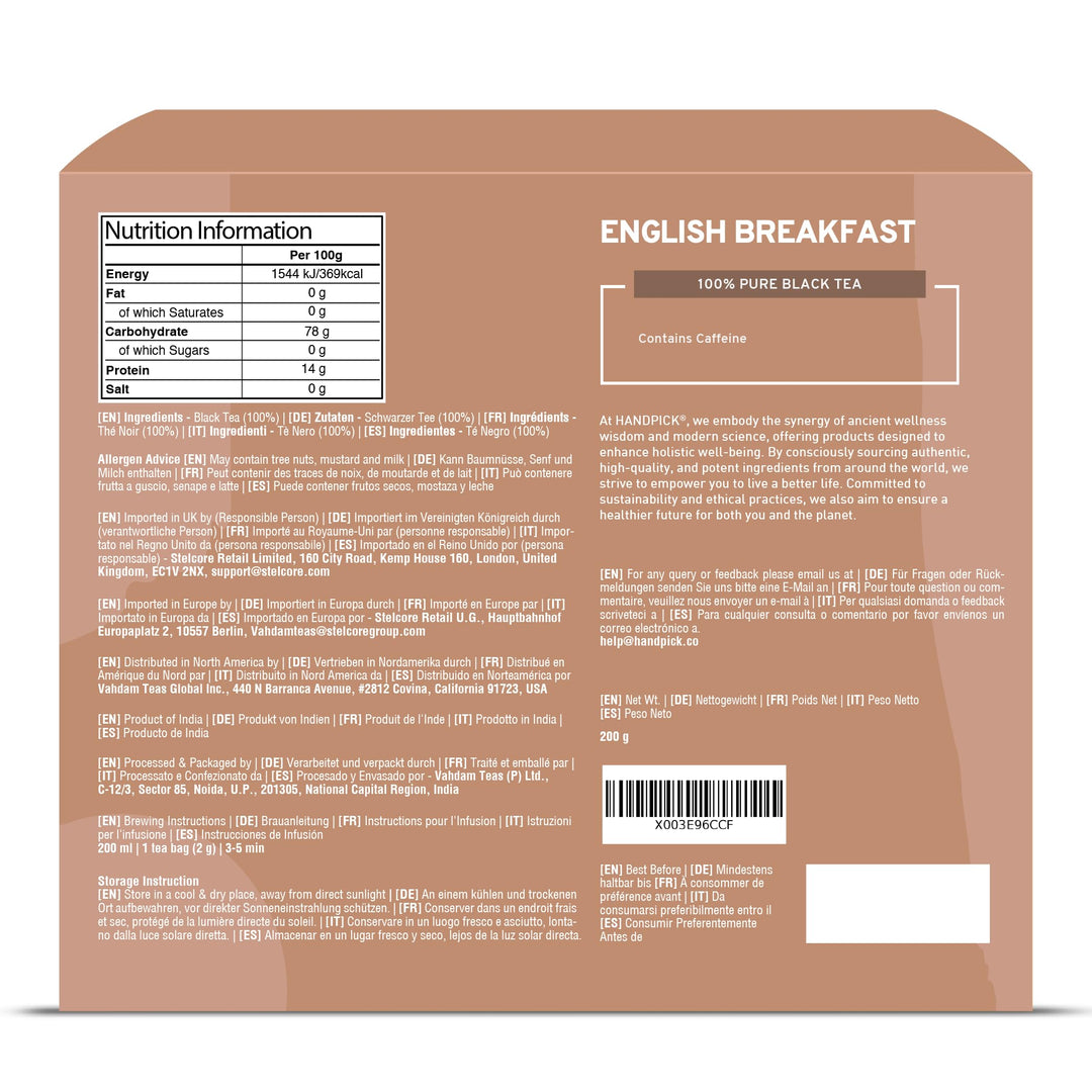 HANDPICK English Breakfast Black Tea Bags (100 Count) Strong, Robust | Eco-Conscious, Carbon-Neutral Tea for Hot or Iced Brews