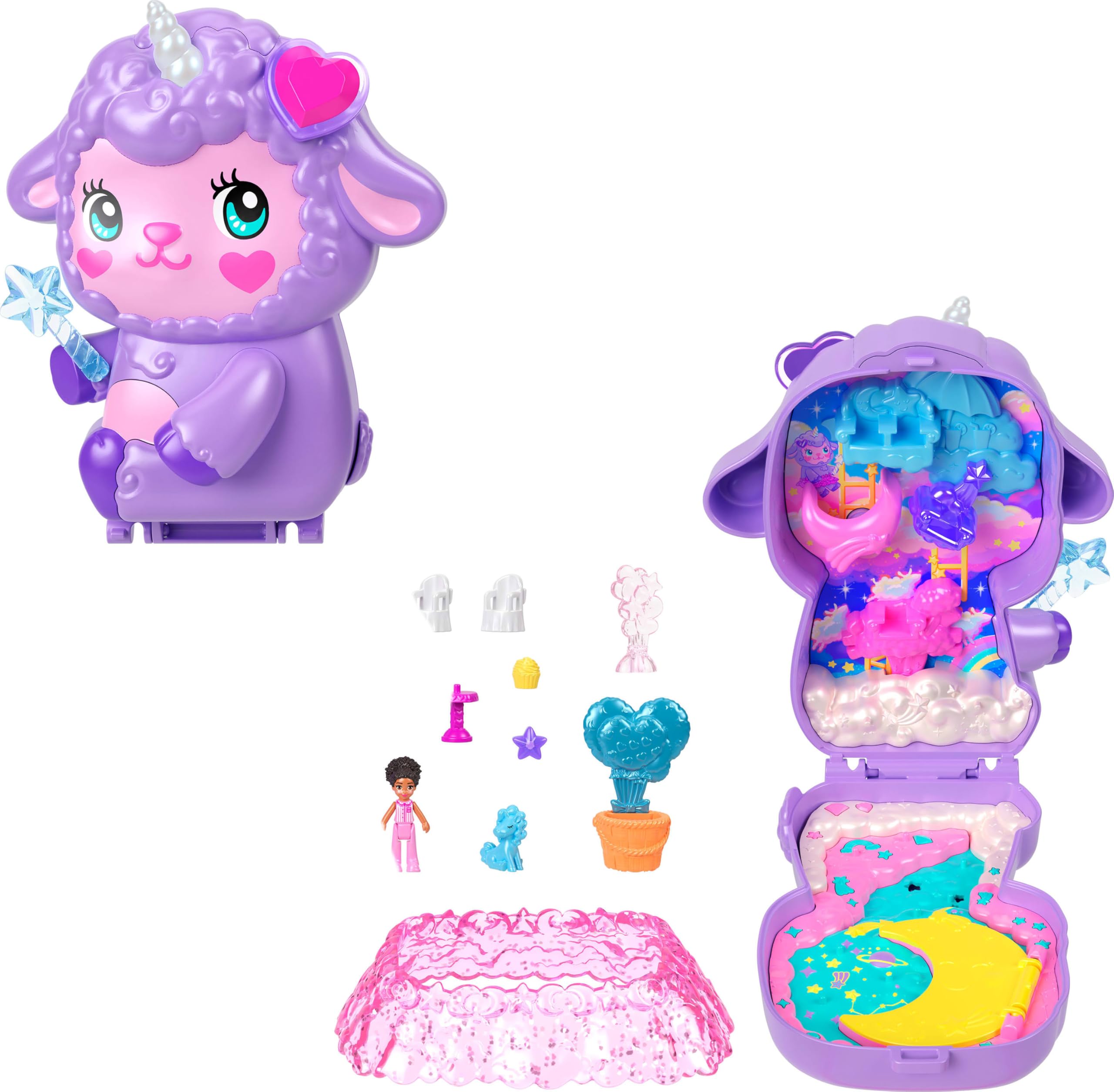 Polly Pocket Cozy Dreamland Lamb Compact Playset - Purple with Micro Doll & Unicorn Pet, Ages 4+ 1