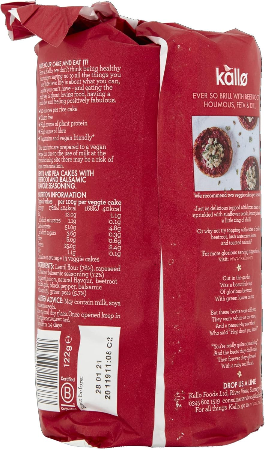 Kallo Beetroot & Balsamic Veggie Cakes, Lentil & Pea Puffed Crackers – 122g