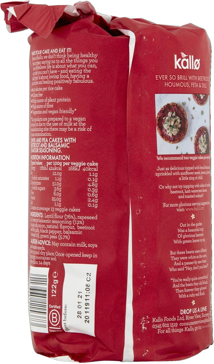 Kallo Beetroot & Balsamic Veggie Cakes, Lentil & Pea Puffed Crackers – 122g