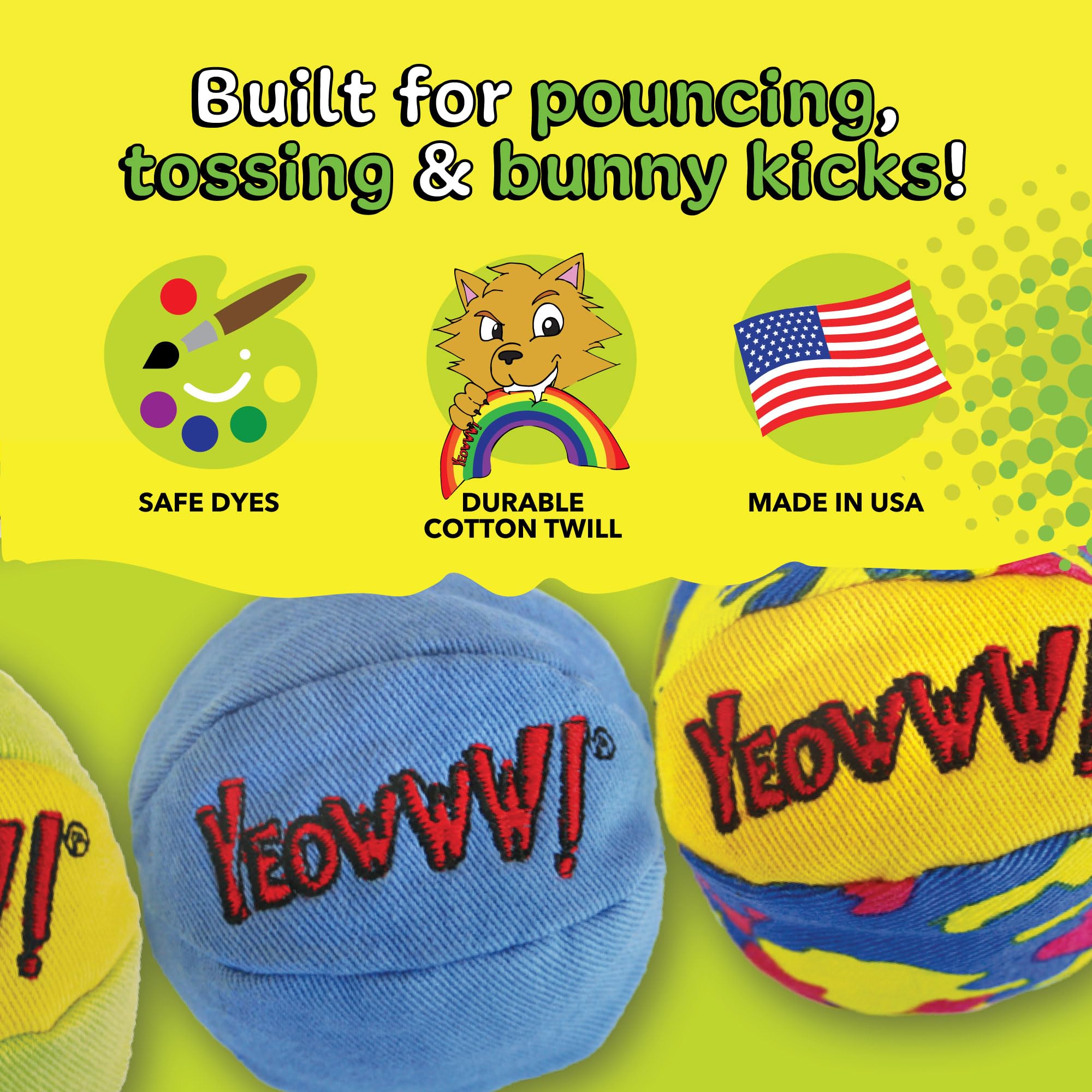 YEOWWW My Cats Balls Cat Toy - Pack of 3 Assorted, 100% Organic Catnip Filled 9