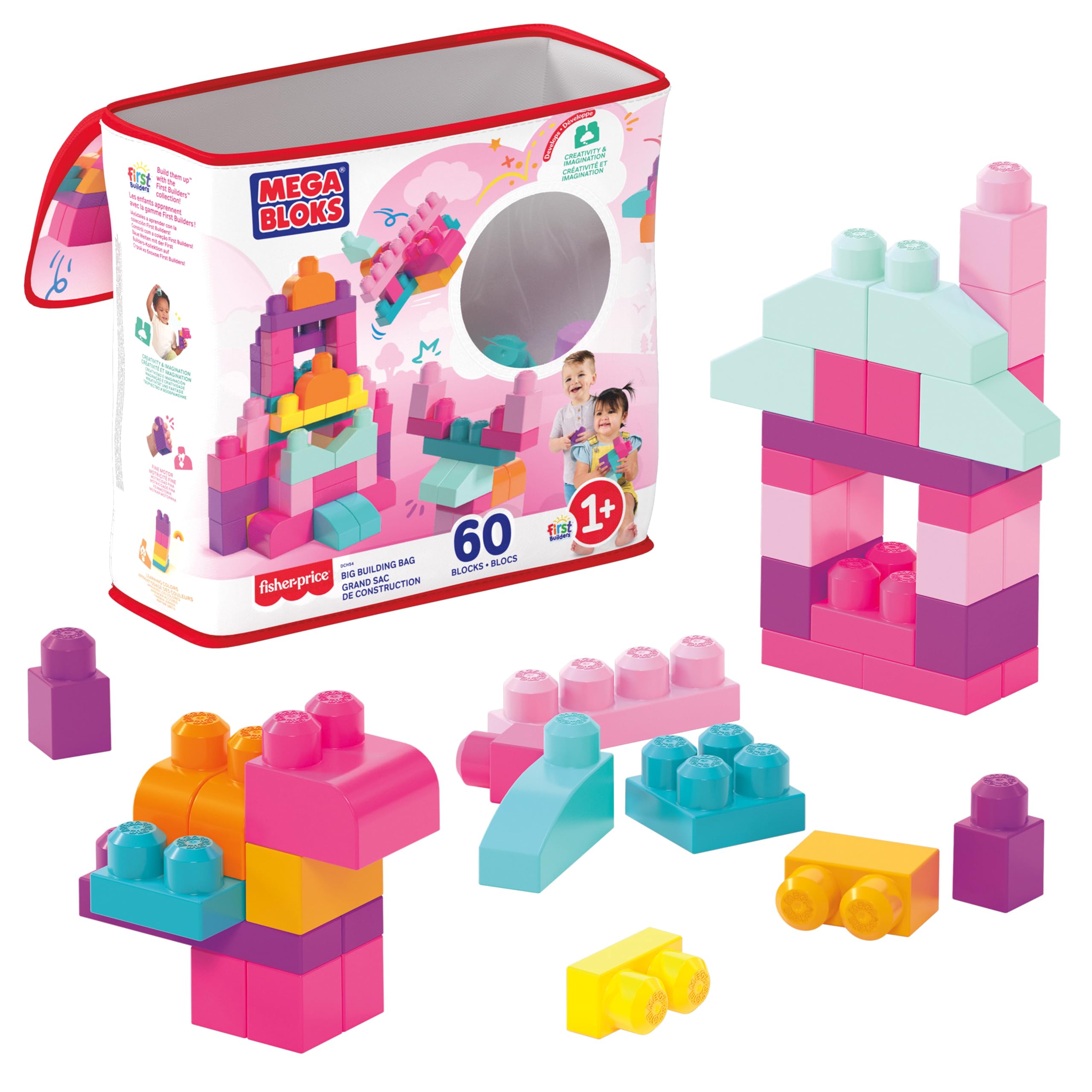 Mega Bloks Big Building Bag Building Set with 60 Blocks, Pink | Ages 1+ | DCH54 1