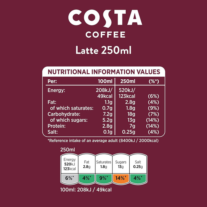 Costa Coffee Latte 4 x 250 ml - Creamy Ready-to-Drink Coffee with Mocha Italia Blend
