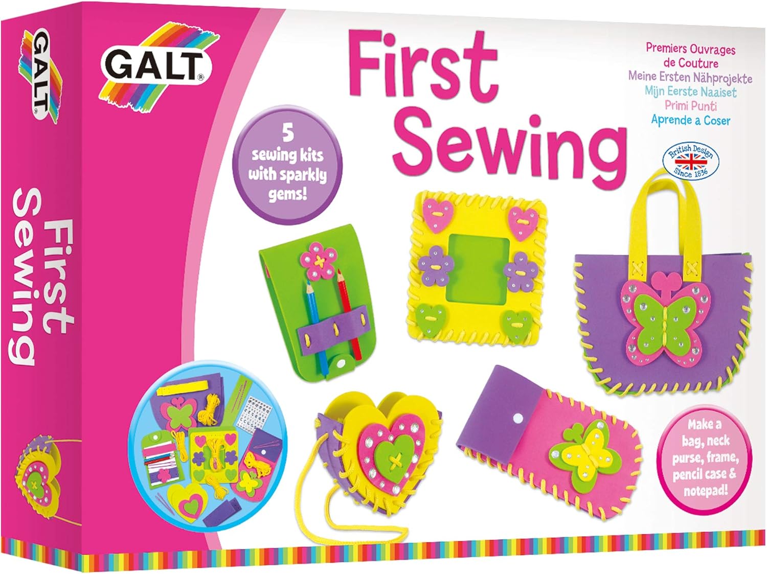 Galt First Sewing Kids Craft Kit with Pencil Case, Purse & Frame - Foam Sewing Set for Children 7