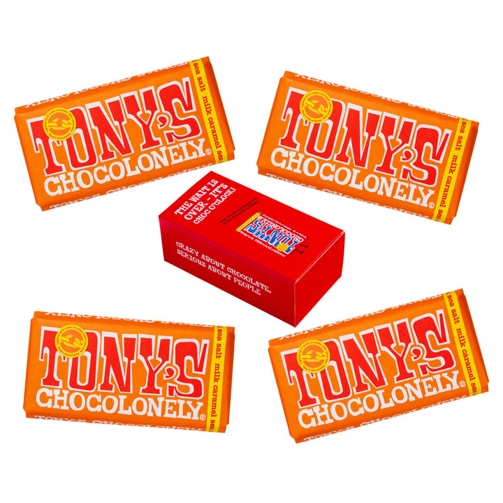 Tony's Chocolonely Milk Caramel Sea Salt Chocolate Bars - Gift Box of 4 (180g Each)