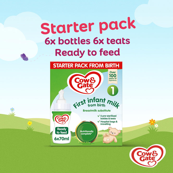 Cow & Gate 1 First Baby Milk Formula Starter Pack from Birth - 6x70ml Ready-to-Feed Bottles with Teats