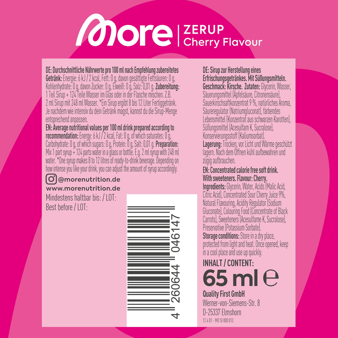 MORE Nutrition Zerup Zero Calorie Syrup with Real Fruit Extracts - Cherry, 65 ml
