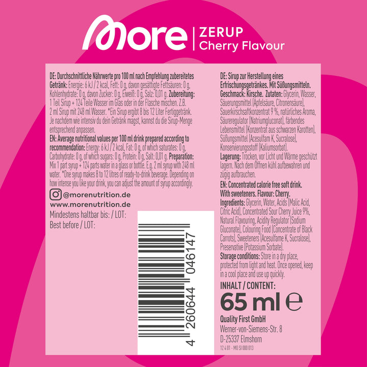 MORE Nutrition Zerup Zero Calorie Syrup with Real Fruit Extracts - Cherry, 65 ml