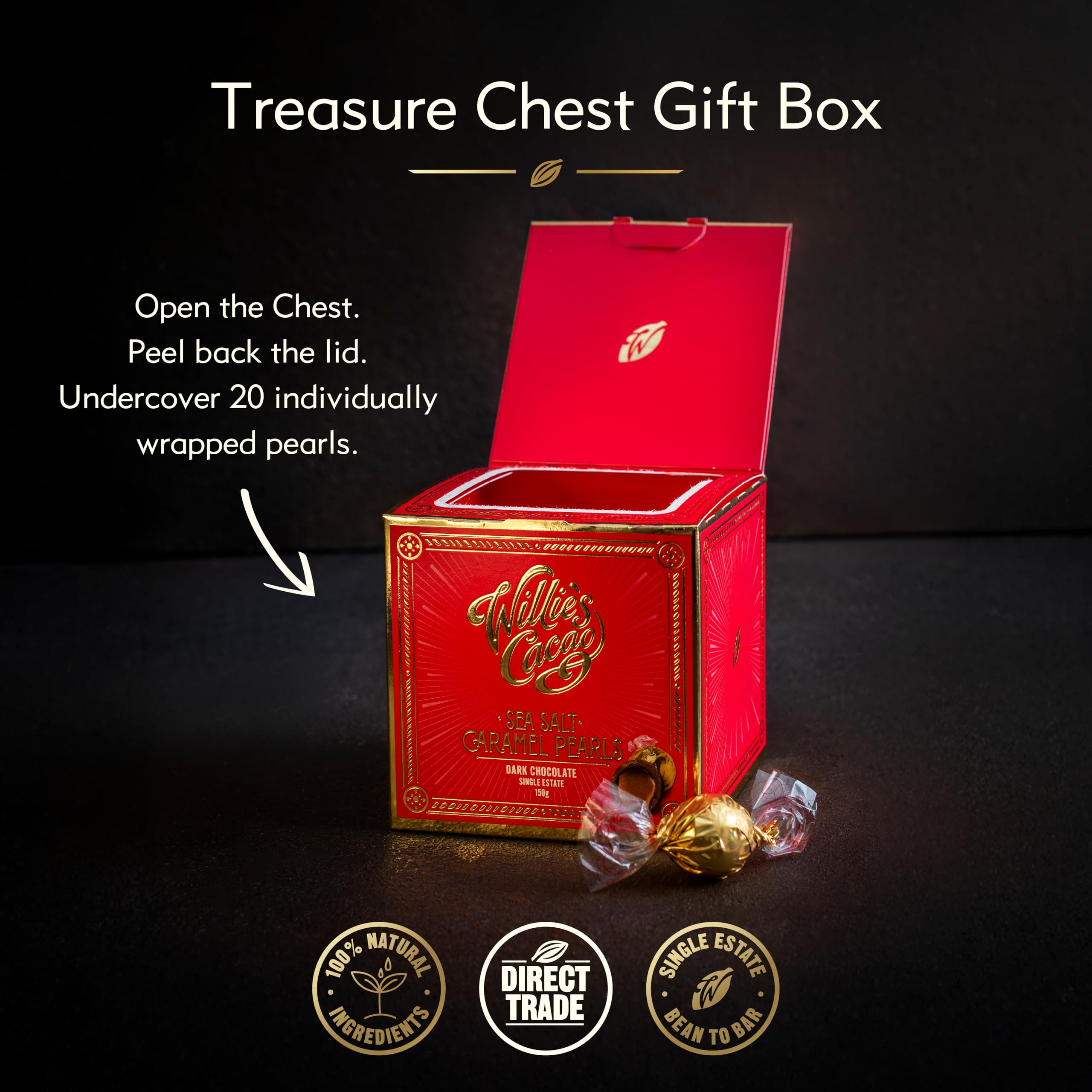 Willie’s Cacao - Dark Chocolate Salted Caramel Pearls 150g – Gift Box of 20 Individually Wrapped Pearls with Molten Sea Salt Caramel 10