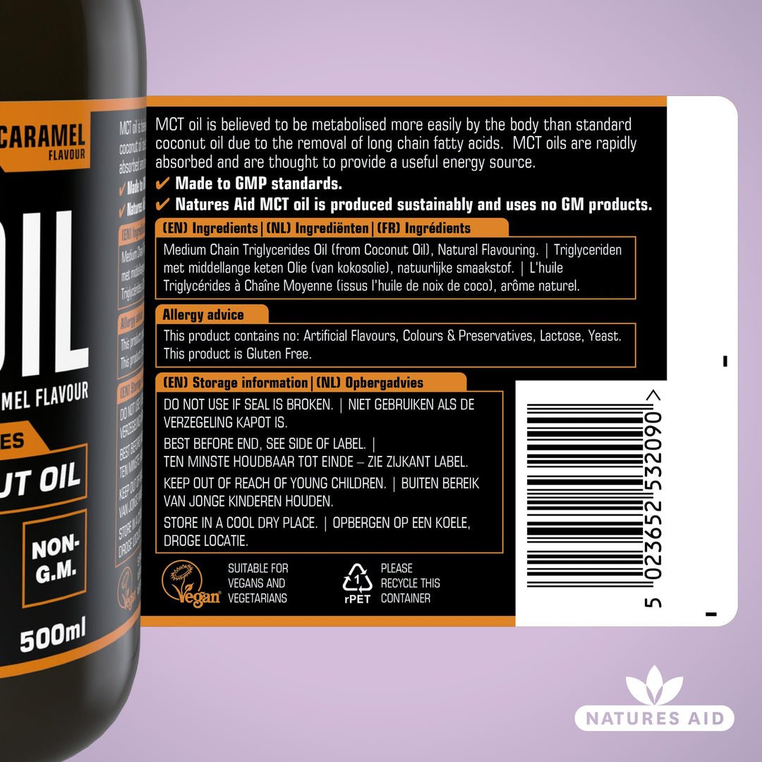 Natures Aid MCT Oil 500ml Caramel Flavour – Coconut-Derived Oil for Coffee, Shakes & Smoothies
