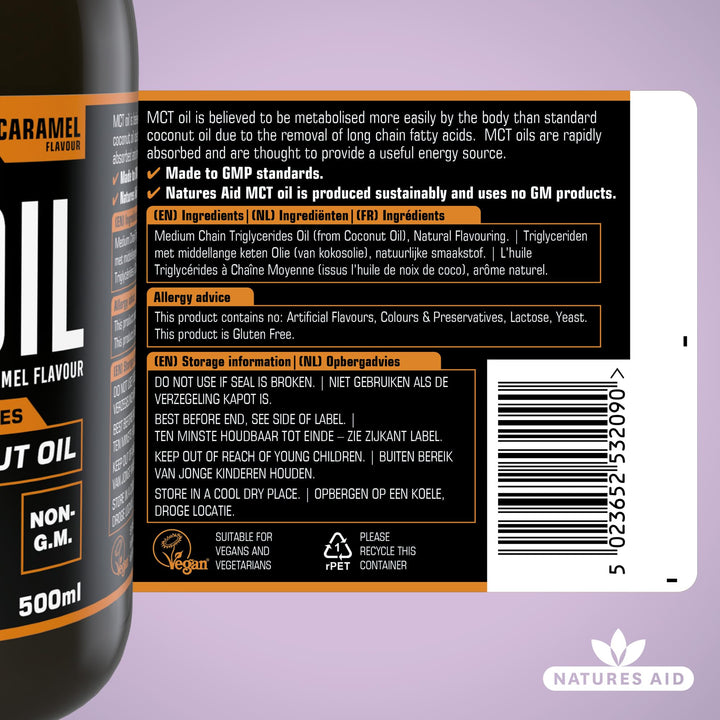 Natures Aid MCT Oil 500ml Caramel Flavour – Coconut-Derived Oil for Coffee, Shakes & Smoothies