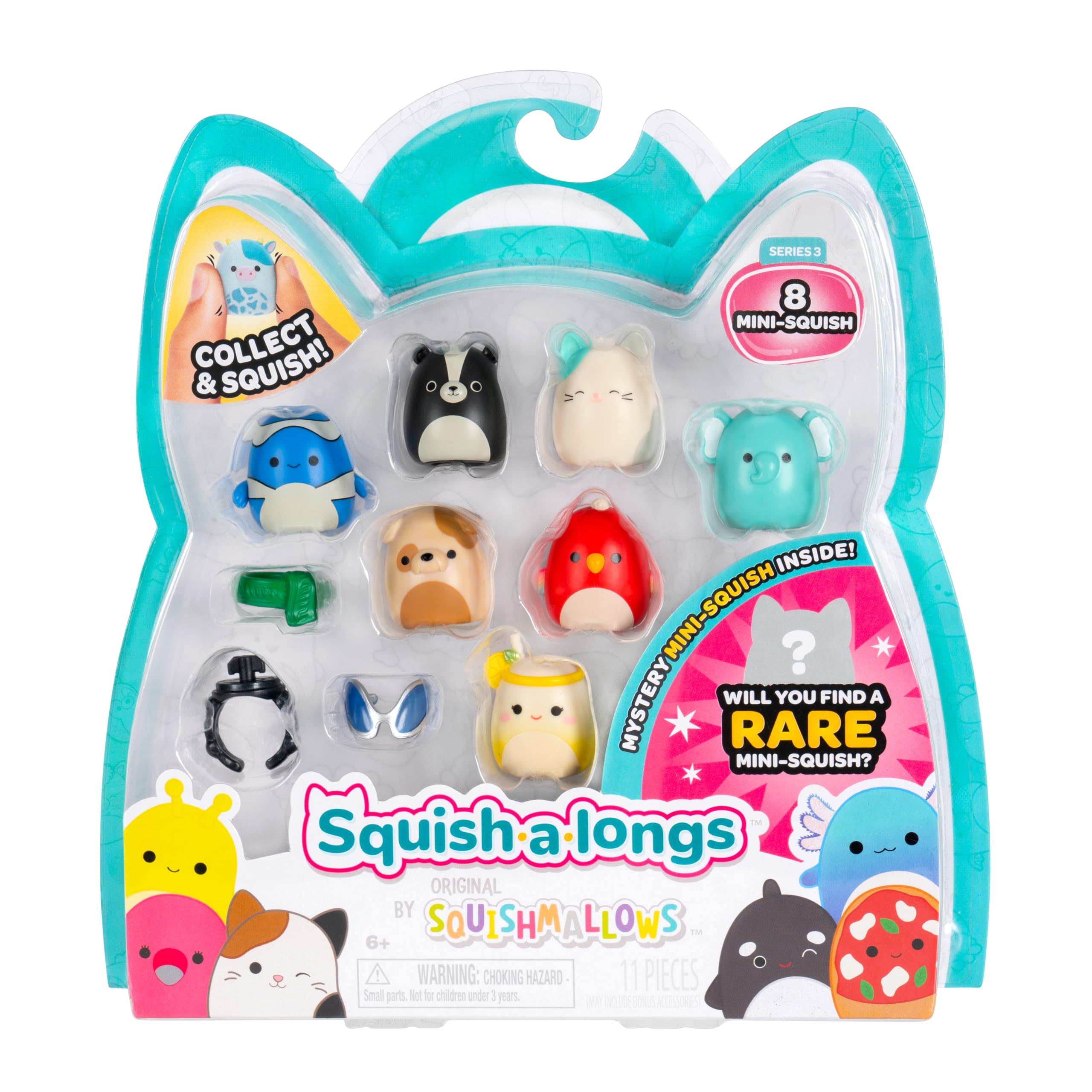 Squish-a-longs Mini-Squish 8-Pack - Clownfish, Elephant, Skunk, Bulldog, Parrot, Cat, Slushy & Mystery Figure 1