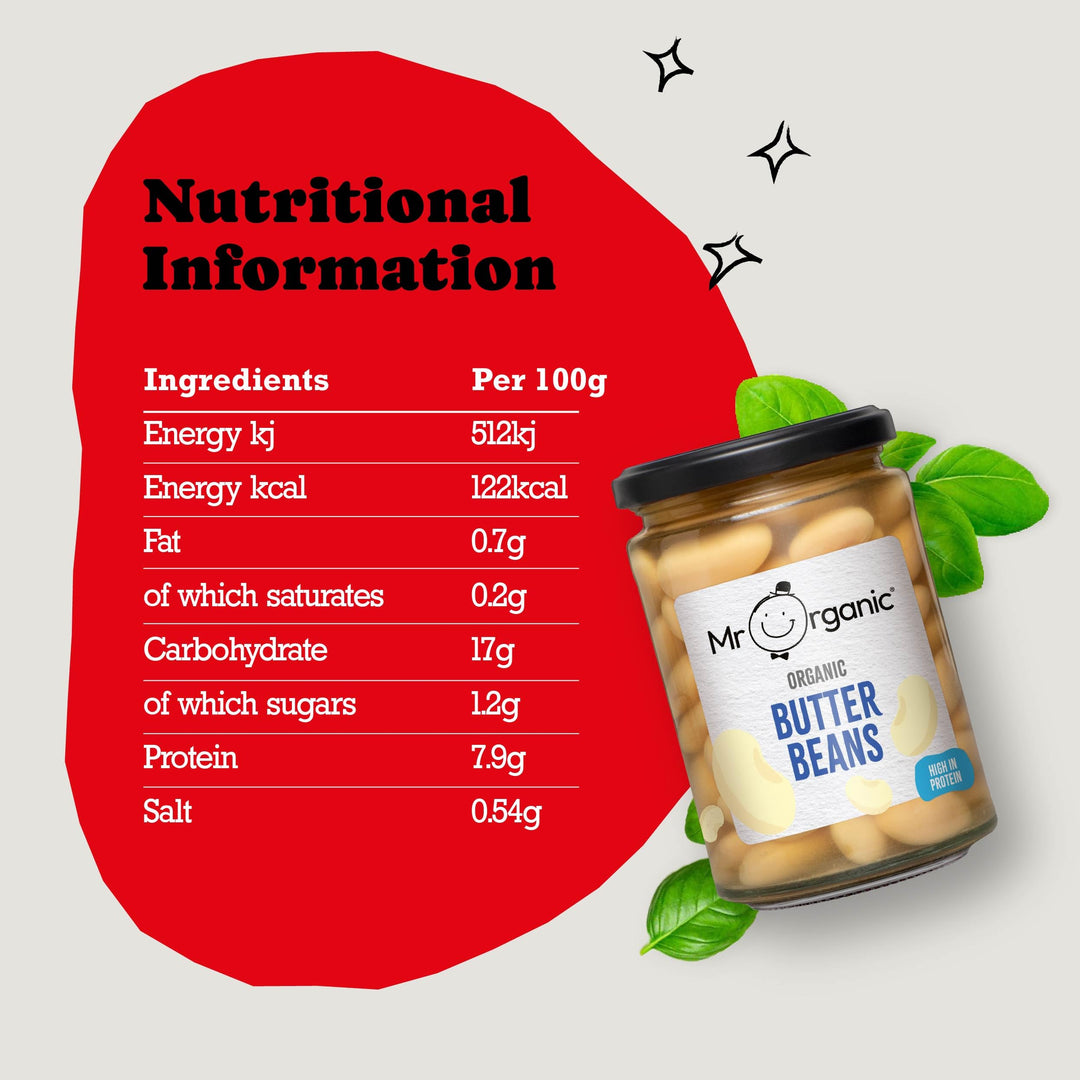 Mr Organic Butter Beans - Organic, High Protein & Fibre, Ready-to-Eat Tinned Legumes in Glass Jar