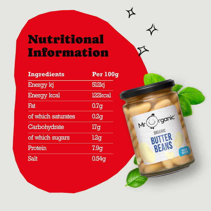 Mr Organic Butter Beans - Organic, High Protein & Fibre, Ready-to-Eat Tinned Legumes in Glass Jar