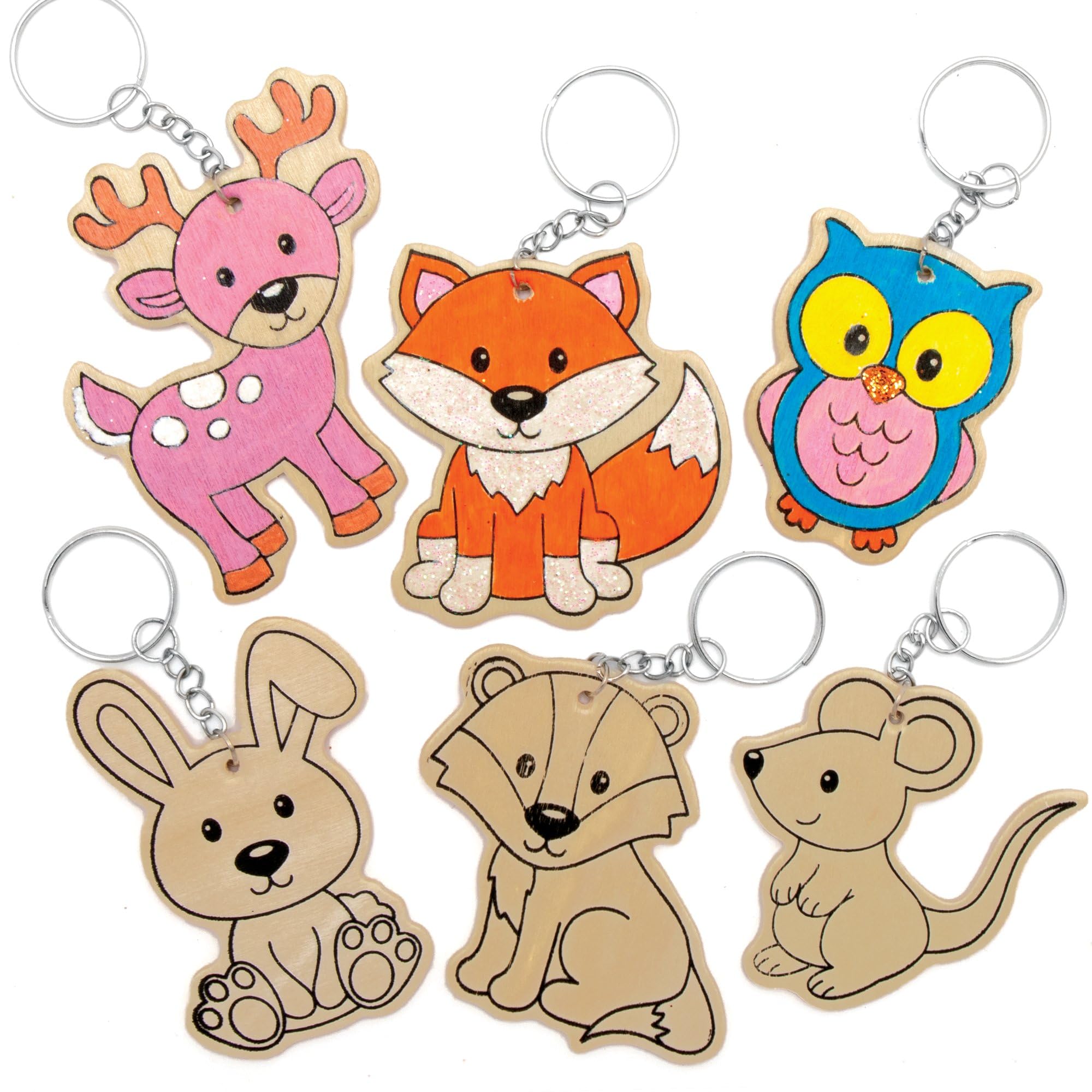Baker Ross Woodland Animal Wooden Keyrings - Pack of 10 | Colour-In Craft Kit | 4.5cm-8cm