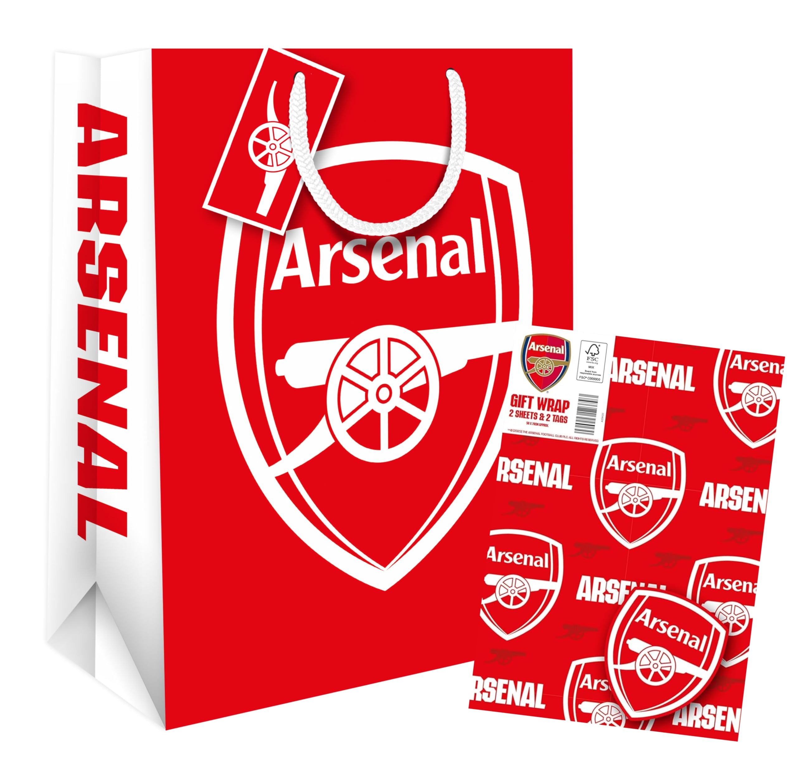 Danilo Promotions LTD Arsenal Gift Bag & Wrapping Paper Bundle - 1 Bag, 2 Sheets, 2 Tags | Red