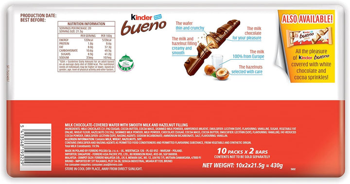 Kinder Bueno Milk Chocolate & Hazelnuts Multipack, 10 x 43g (430g) – Individually Wrapped Chocolate Bars with Crispy Wafer and Creamy Hazelnut Filling