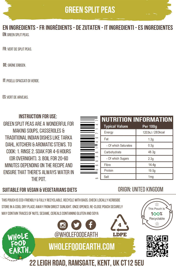 Wholefood Earth Green Split Peas 500g | Organic | GMO-Free | High Fibre | High Protein | Vegan