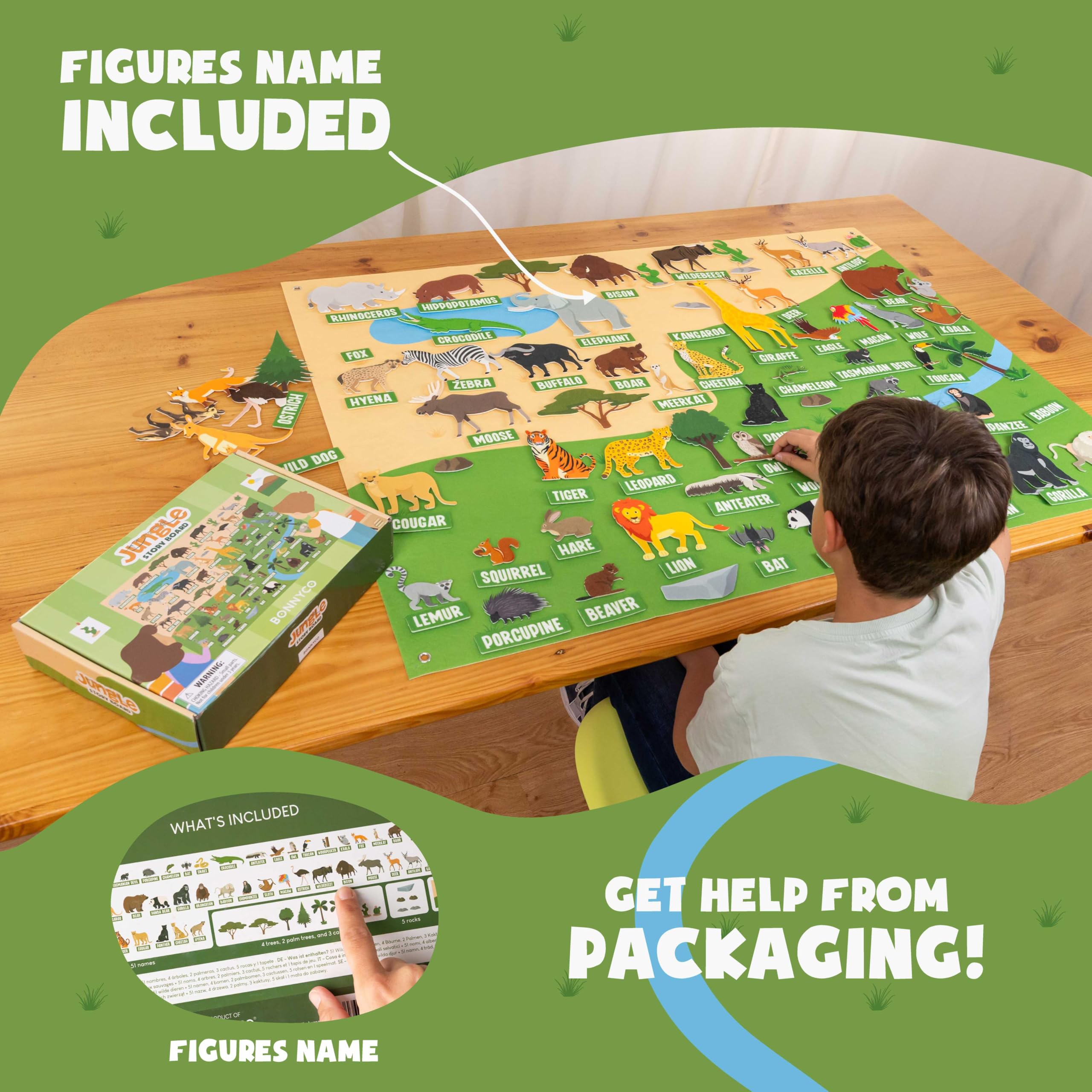 BONNYCO Jungle Animals Felt Board - 116 Pieces | Montessori Learning Toy | Ages 3+ 4