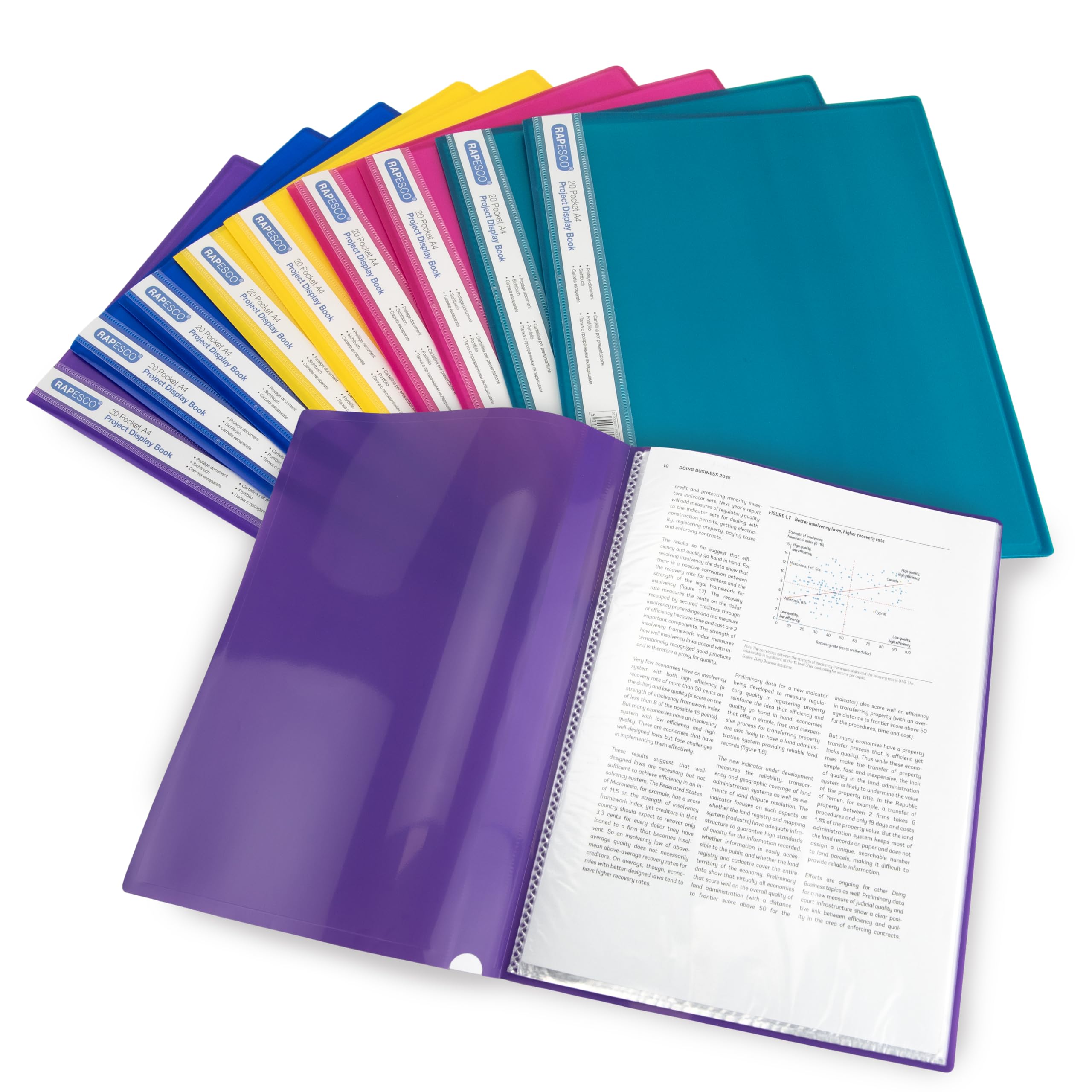 RAPESCO 0919 A4 Project Presentation Display Book - 20 Pockets, Assorted Bright Colours, Pack of 10 1