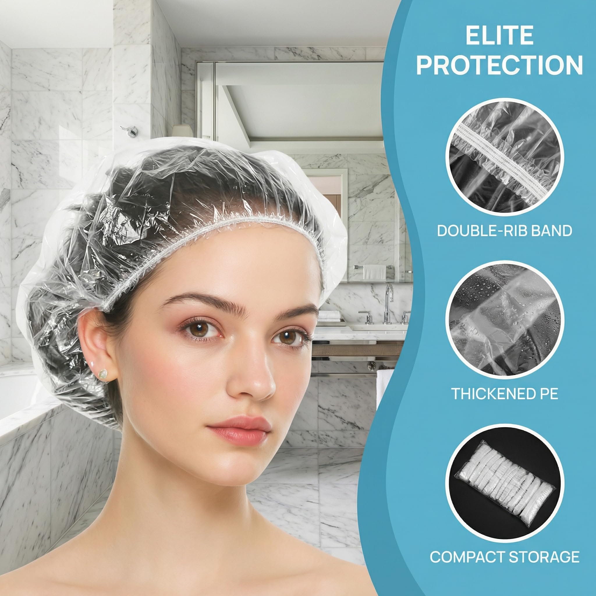 Muexoee 100 Pcs Disposable Shower Caps - 42cm Large Waterproof | Elastic Fit | Blue 4