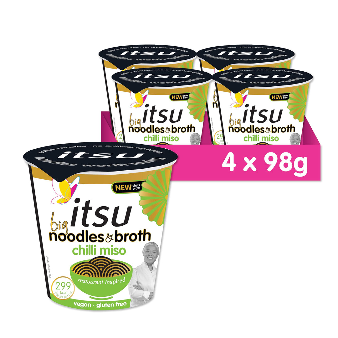 Itsu Big Chilli Miso Instant Noodles & Broth Pot 98g - Pack of 4 | Gluten Free Vegan Rice Noodles