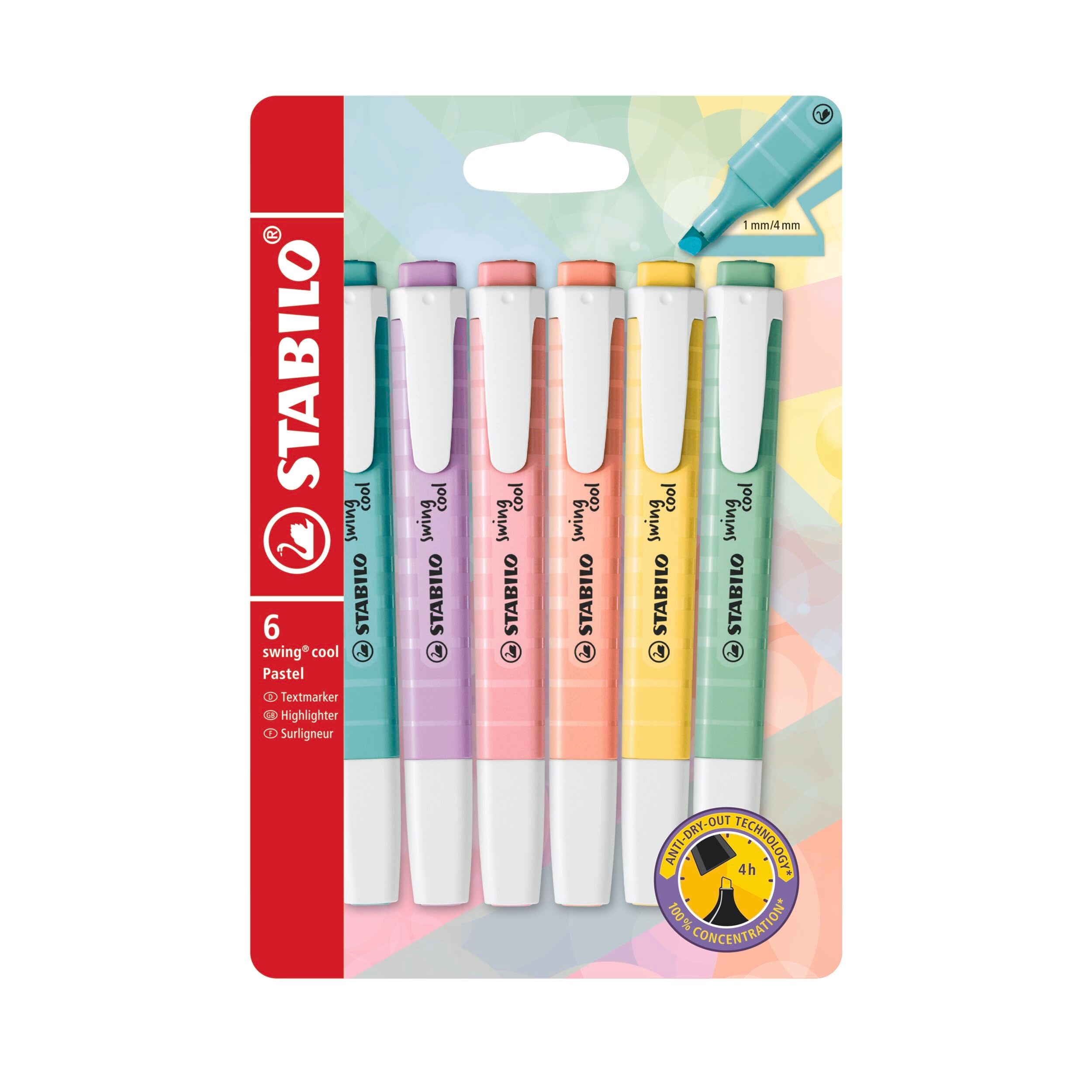 STABILO swing cool Pastel Highlighter - Pack of 6 Assorted Colours | 4 Hour Cap-Off Time | 1mm & 4mm Line Widths 1