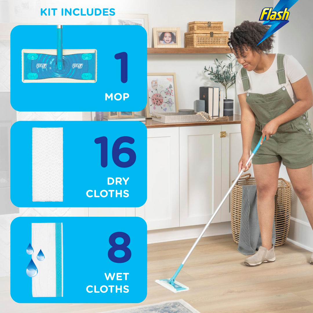 Flash - Speedmop Floor Cleaner Starter Kit with 1 Handle, 8 Wet & 16 Dry Refills
