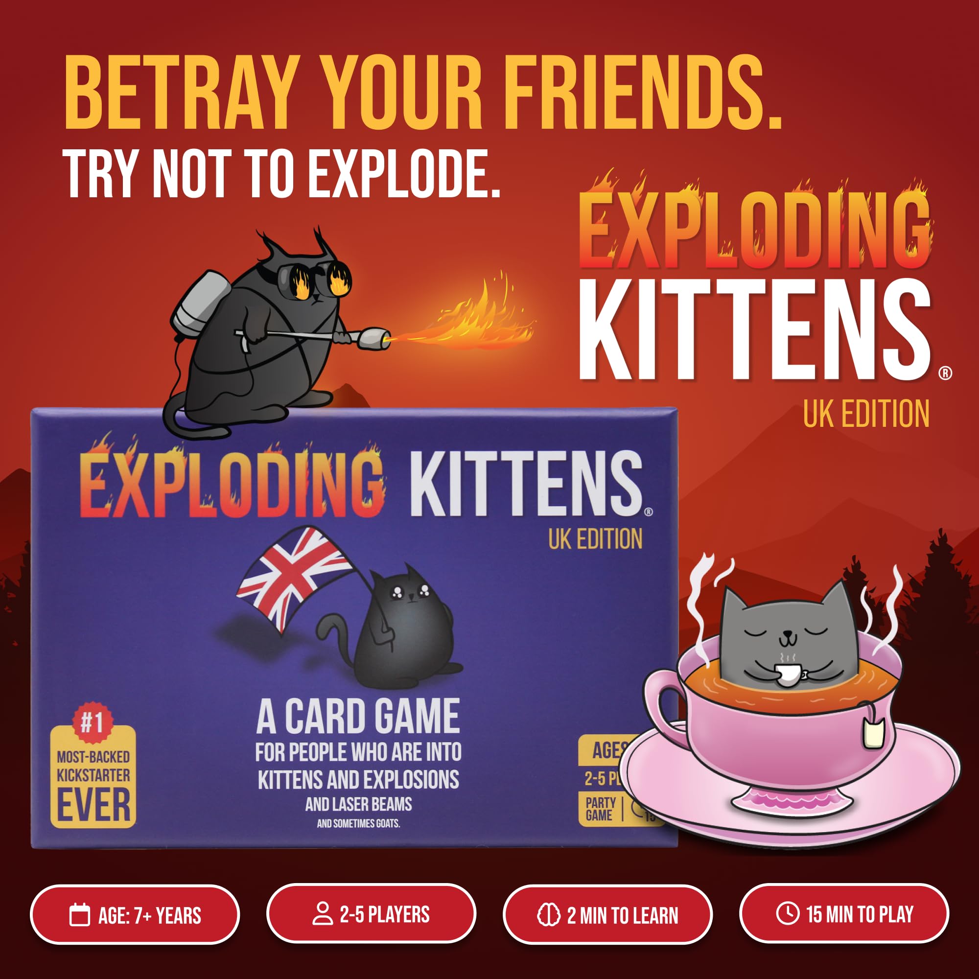 Exploding Kittens UK Edition Card Game - 2-5 Players | Ages 7+ | Portable Fun | Includes Chips 2
