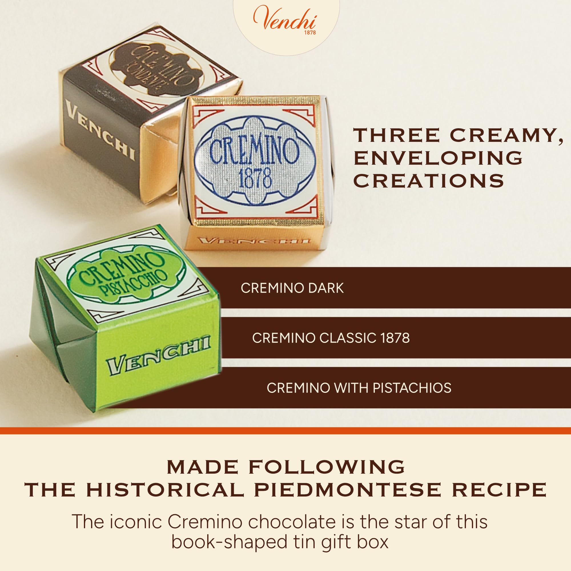 Venchi Cremini Chocolates Mini Book - Assorted Dark, Pistachio & Venezuela, 127g, Gluten Free 12