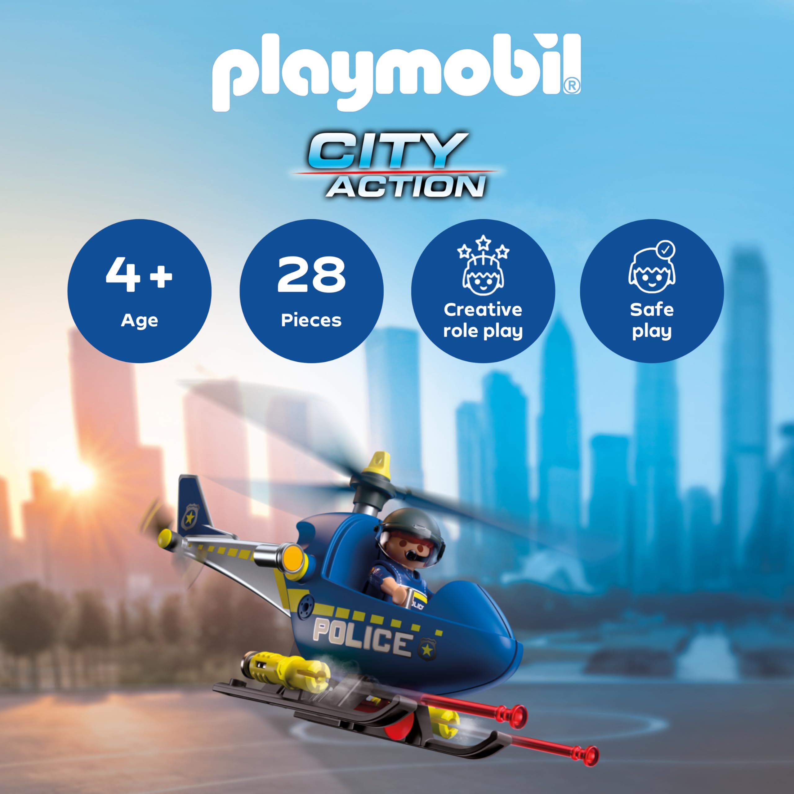 Playmobil City Action Police Helicopter - Rotating Rotors | Ages 4+ | Blue 2