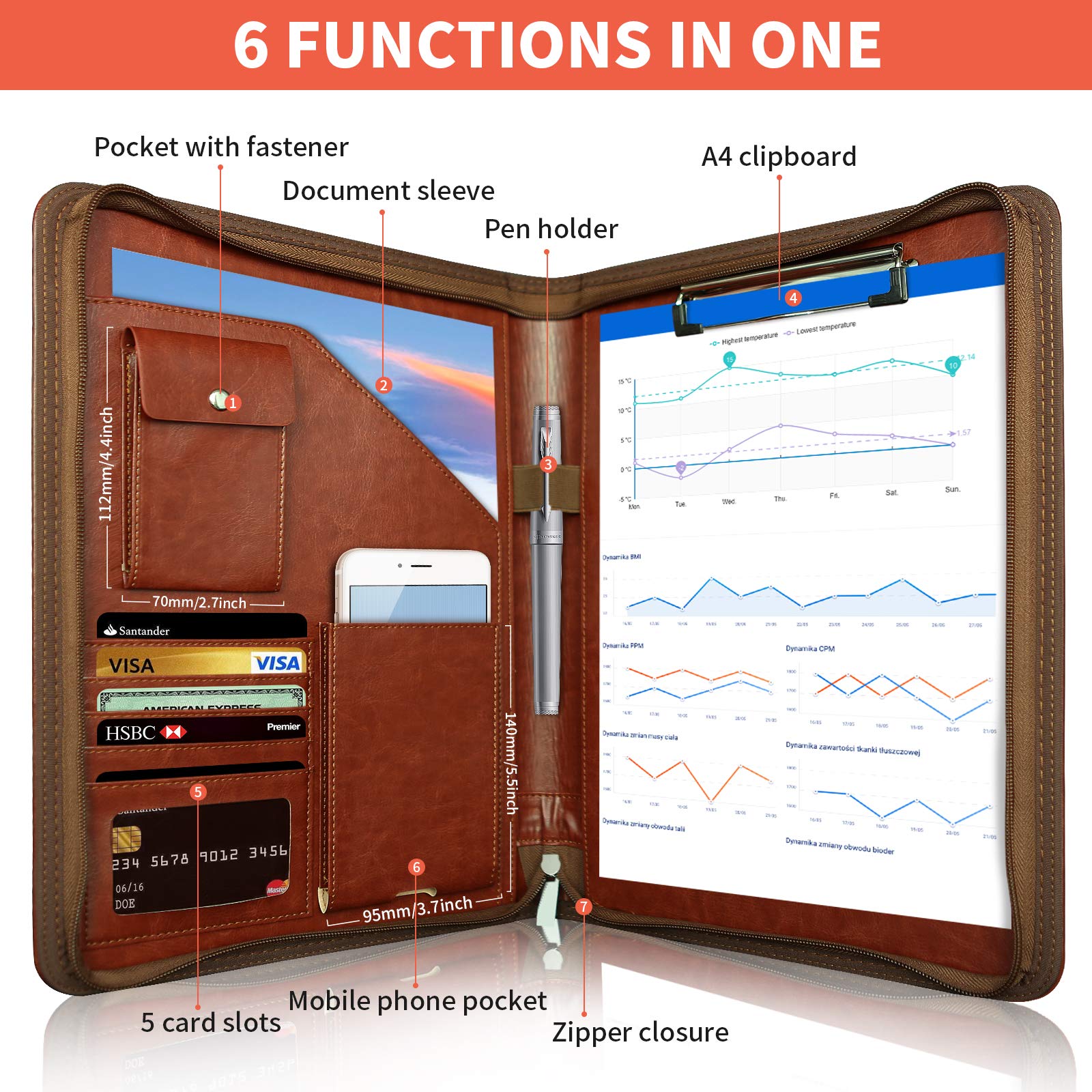 NEWYES Leather Zipper Conference Folder - A4 Size, Brown Faux Leather Organizer | Waterproof 3