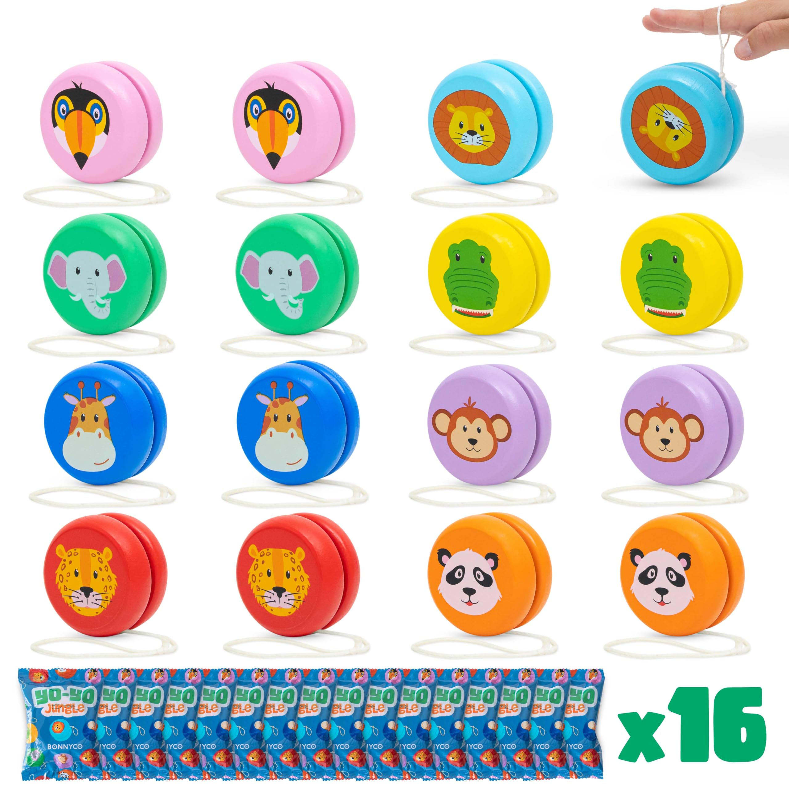 BONNYCO Wooden Yo-Yos - Pack of 16 | Jungle Animal Designs | Party Bag Fillers for Kids Ages 3+ 1