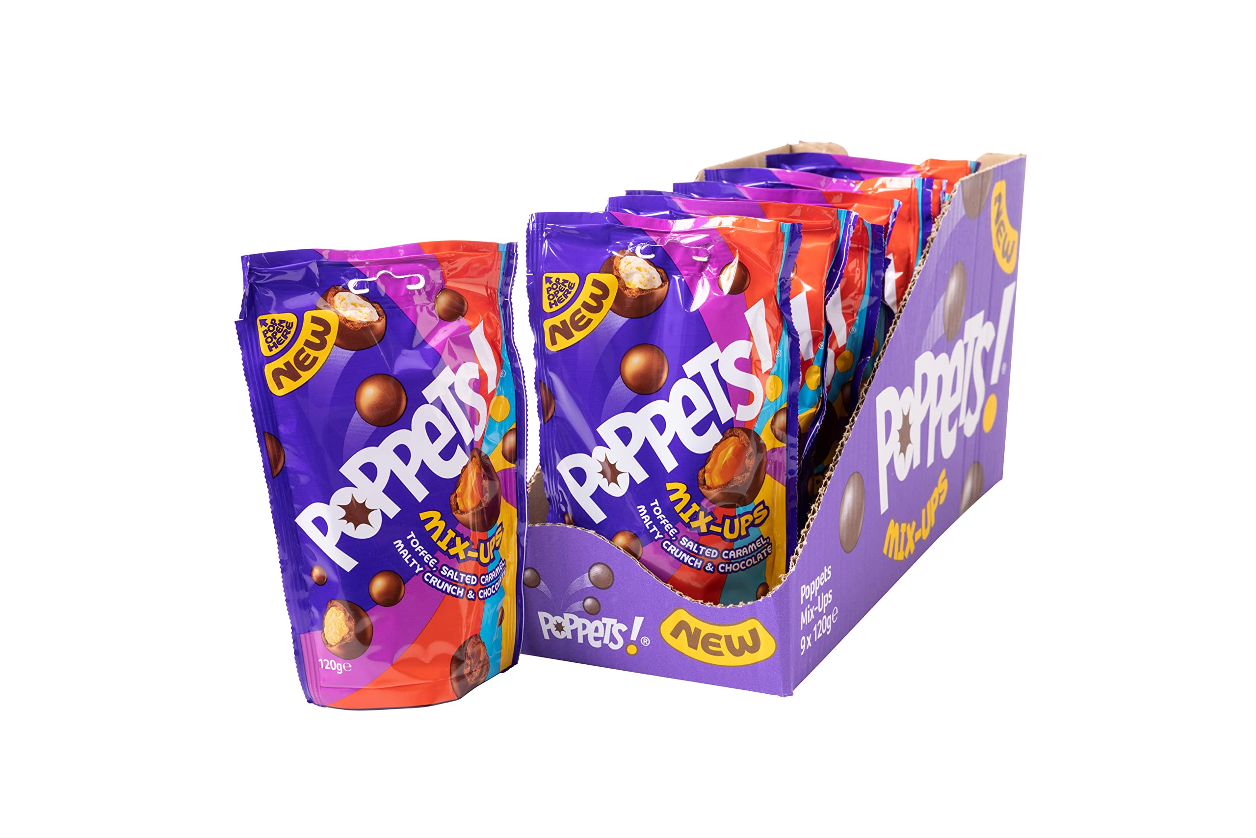 Poppets Mix Ups Pouch 120g (Pack of 9) - Assorted Milk Chocolate Candies with Toffee, Salted Caramel, Malty Crunch & Chocolate Centres 1