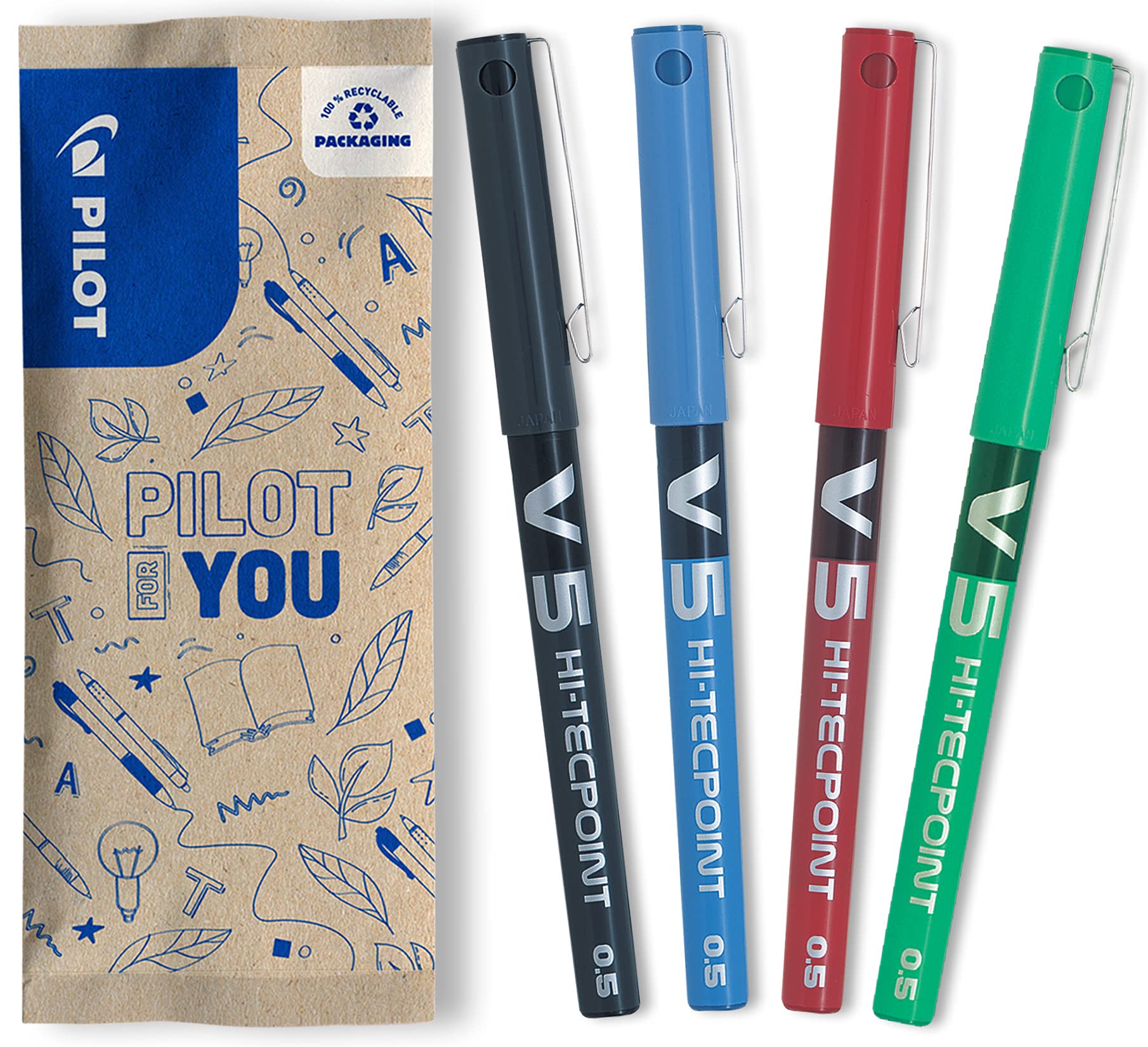 PILOT V5 Liquid Ink Rollerball Pen Set - 0.5mm Fine Tip | Black, Blue, Red, Green | Pack of 4 1