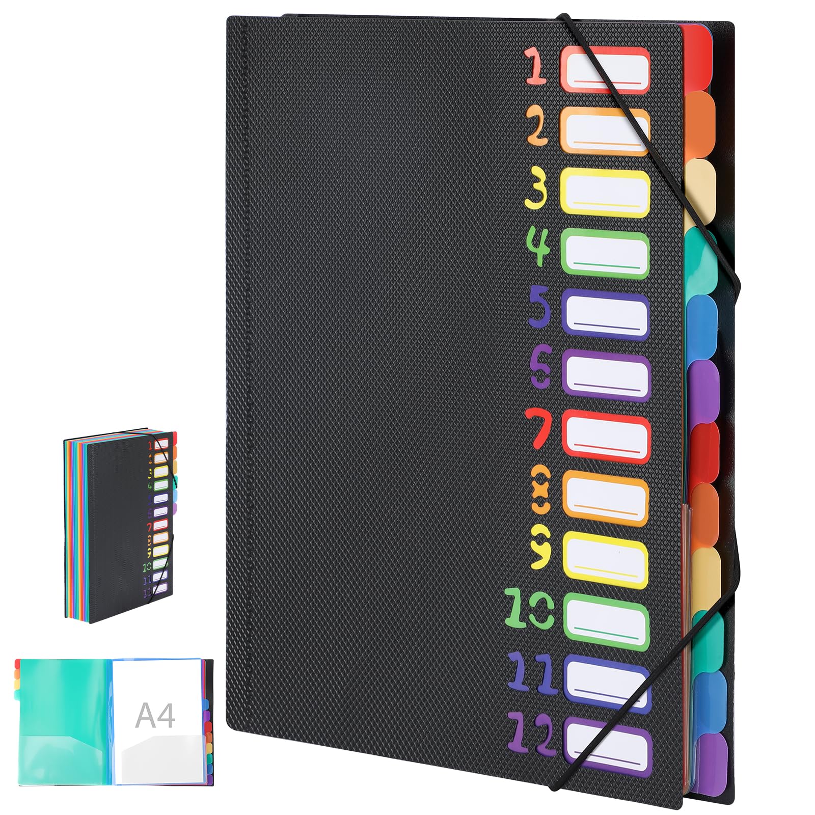 Euvqunn 12-Pocket Expanding File Folder - 180° Lay-Flat Organization | A4 Size | PP Material