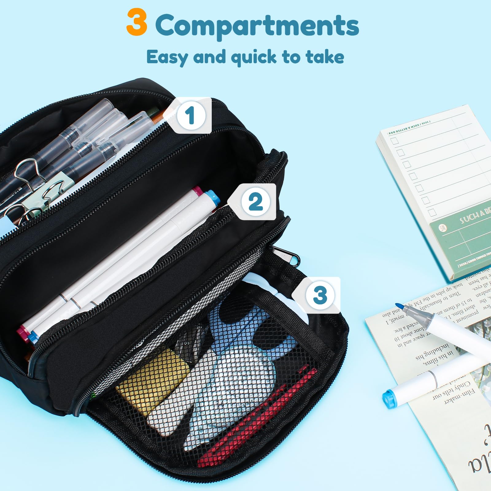 Euqvunn Black Pencil Case - Large Capacity 3 Compartment Organizer | 21x8x13CM | Polyester 2