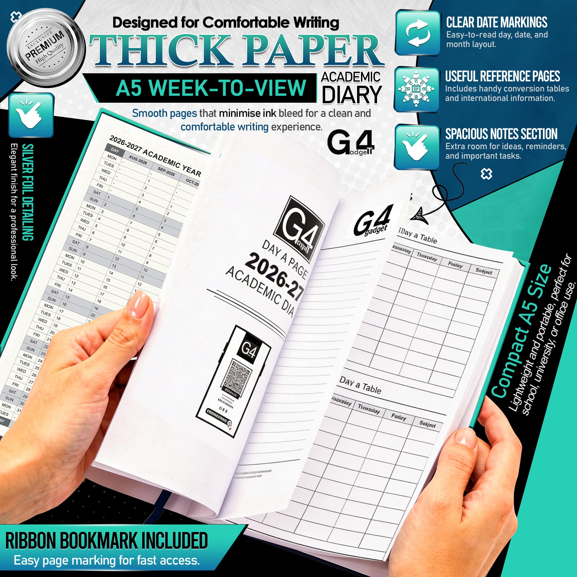 G4GADGET 2026-2027 Academic Diary - A5 Week To View, Teal Hardback 2