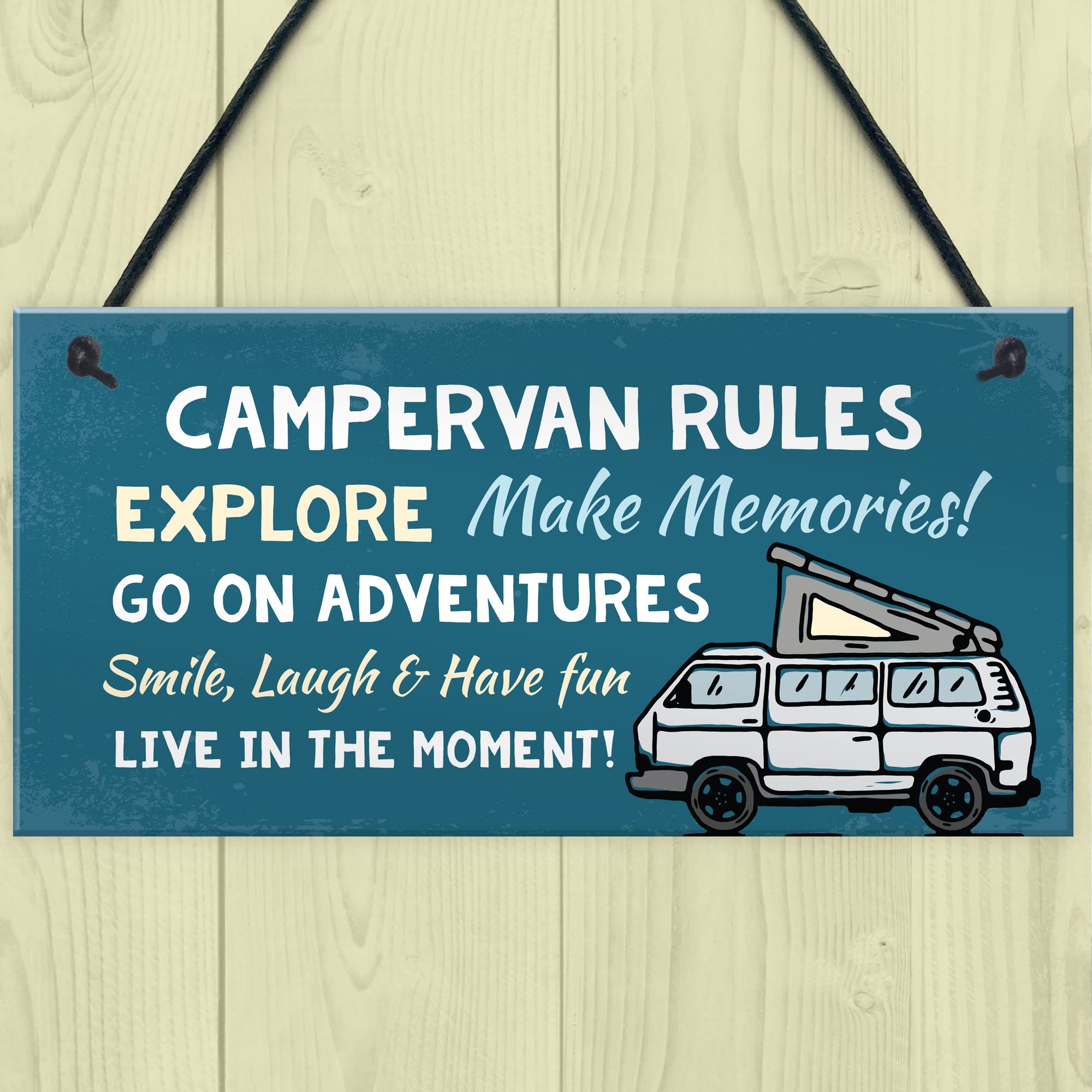 RED OCEAN Campervan Rules Hanging Door Plaque | Blue PVC | 200x100mm | Handmade in England