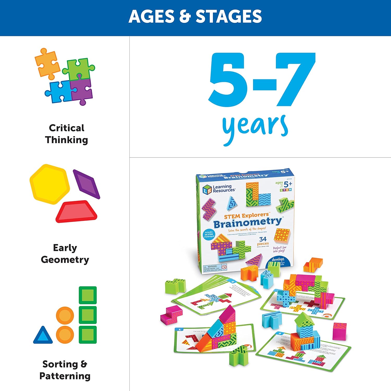Learning Resources STEM Explorers Brainometry - 2D & 3D Shape Puzzle Challenges for Ages 5+ 7