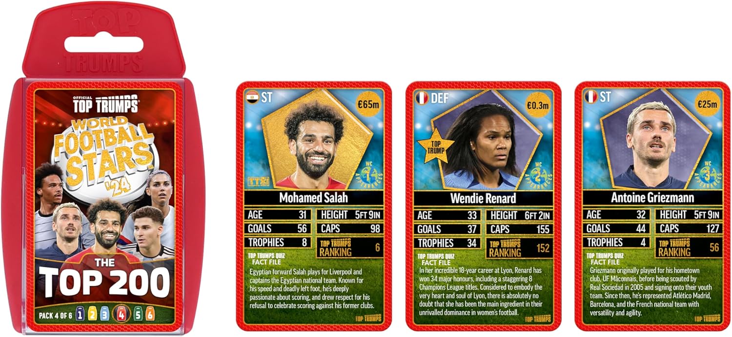 Top Trumps World Football Stars Top 200 Card Game Pack 4, Play with Salah, Mahre 11