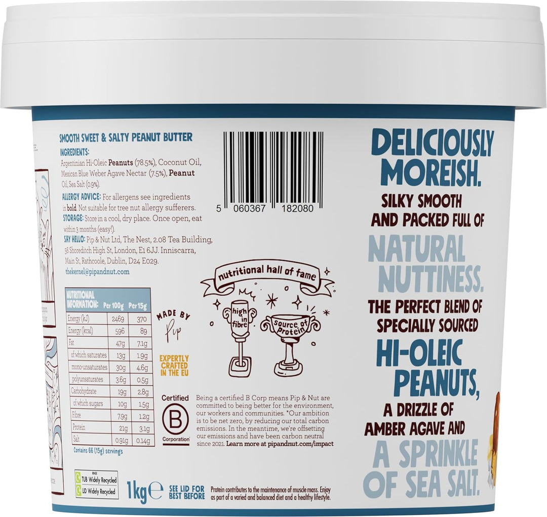 Pip & Nut Sweet & Salty Smooth Peanut Butter (1kg) - No Palm Oil, Natural Nut Spread