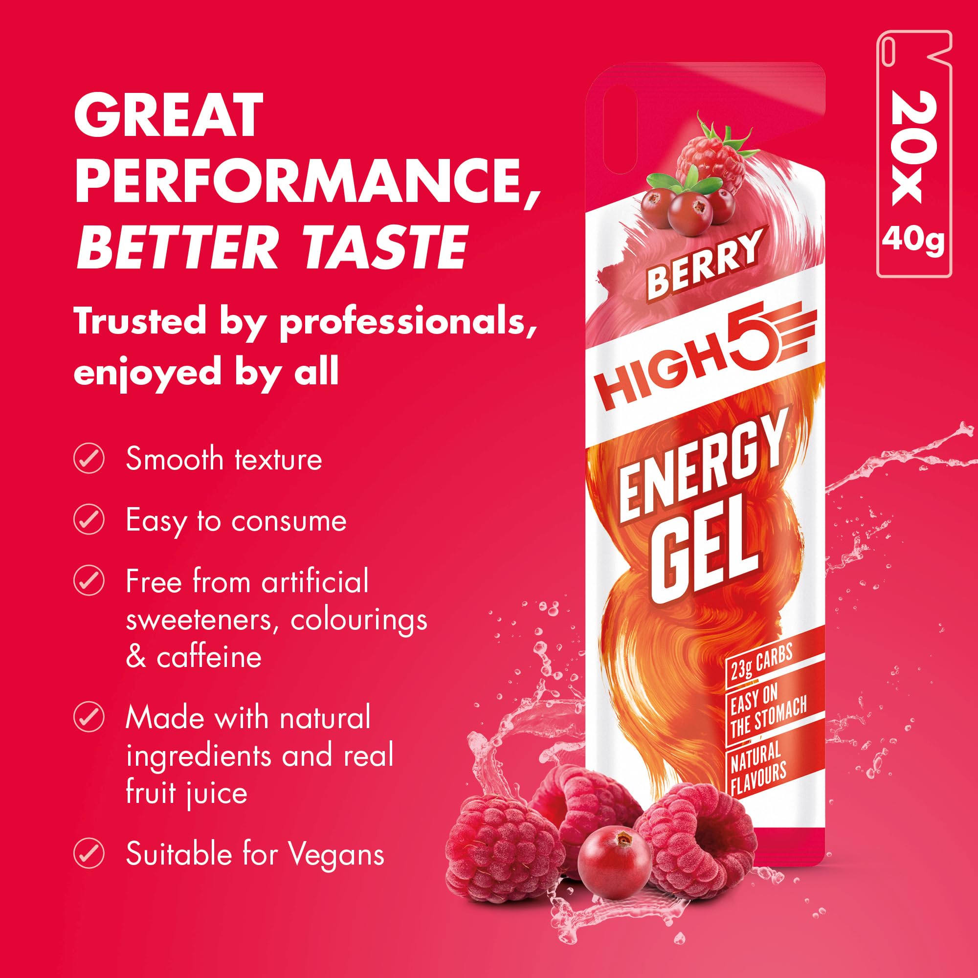 HIGH5 Energy Gel – Carb-Gels zum Laufen &amp; Radfahren – 23 g Kohlenhydrate, vegan, koffeinfrei – Beere (6 x 40 g) 5