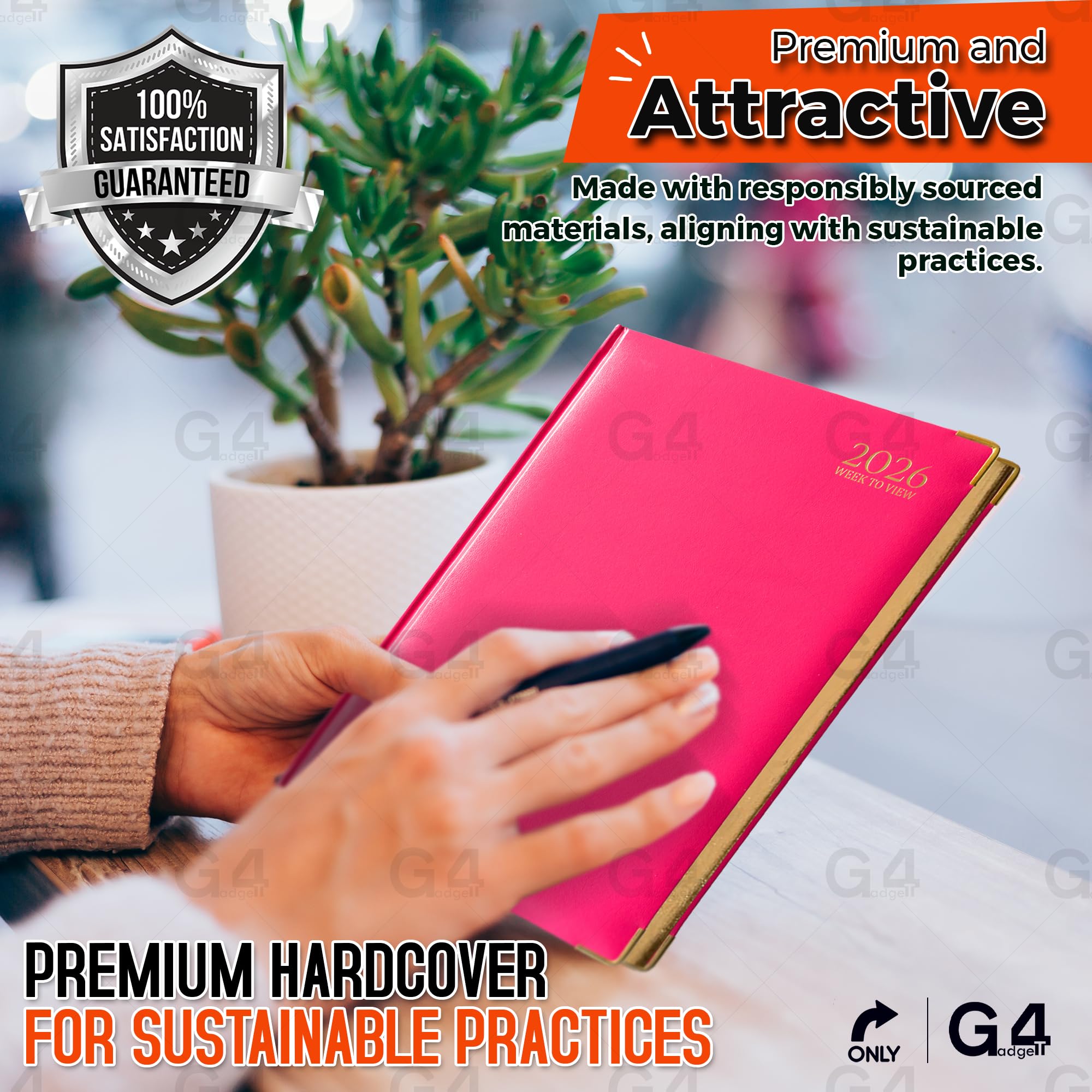 G4GADGET 2026 A5 Week to View Diary - Pink Hardback with Gilt Edges | UK Holidays Included 3