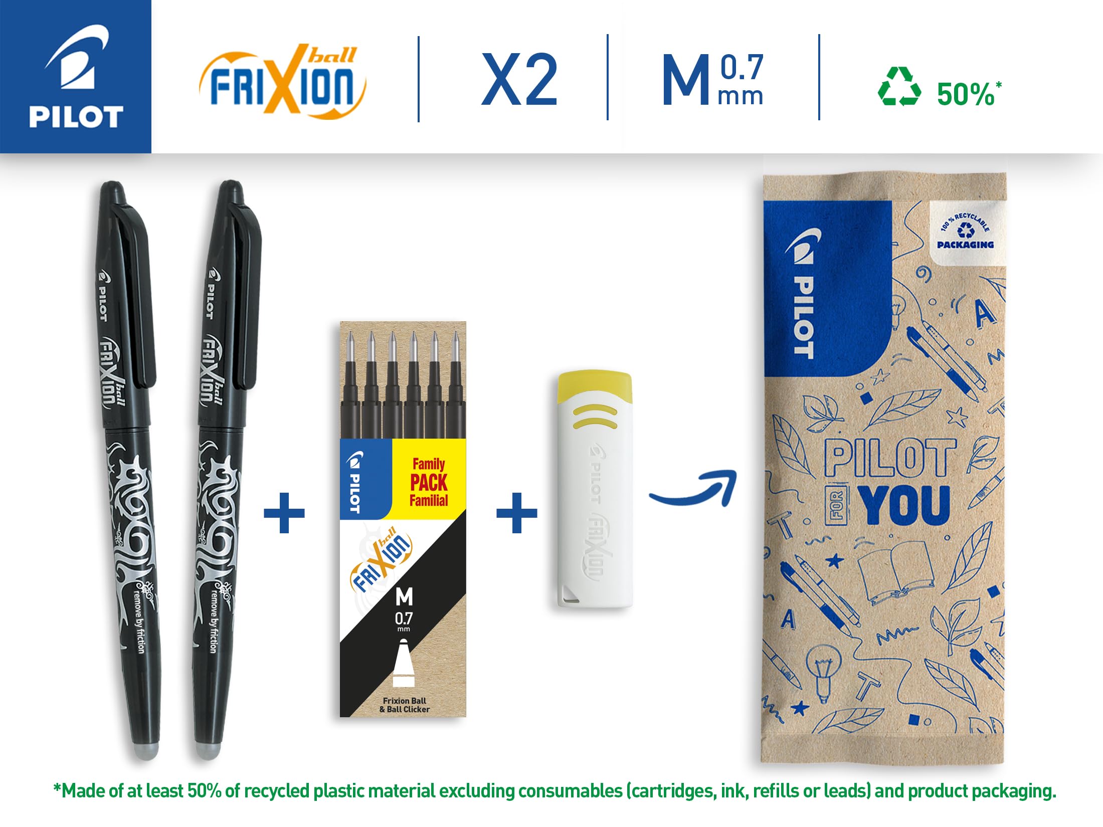 PILOT FriXion Ball Erasable Pen Refills - 0.7mm Medium Tip, Black Ink | 4 Count Pack