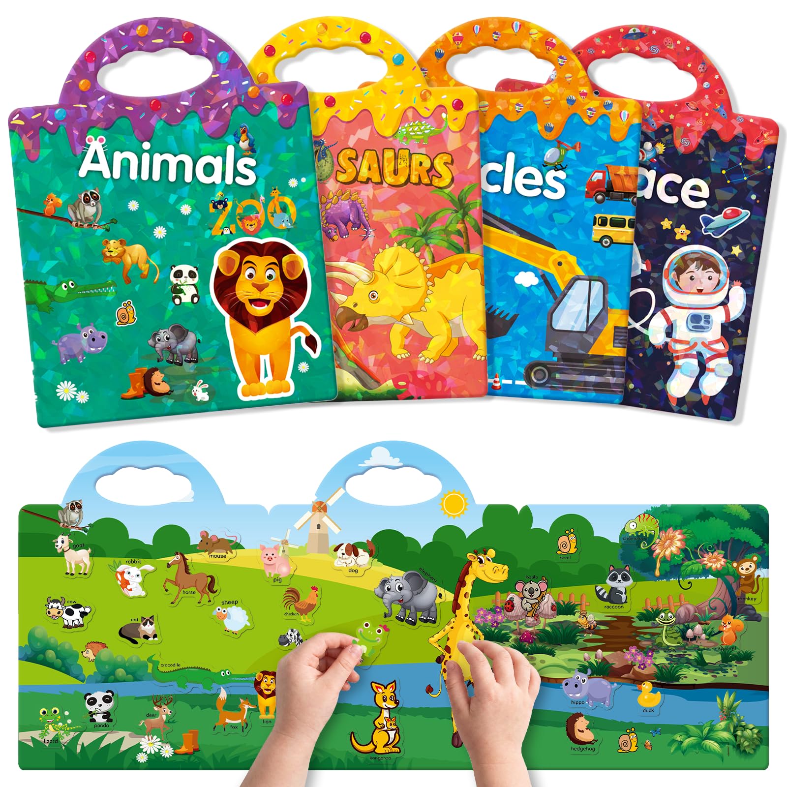 GUYUCOM Reusable Sticker Books - 4 Pack Toddler Travel Toys | Animal, Dinosaur, Space, Vehicles Themes 1